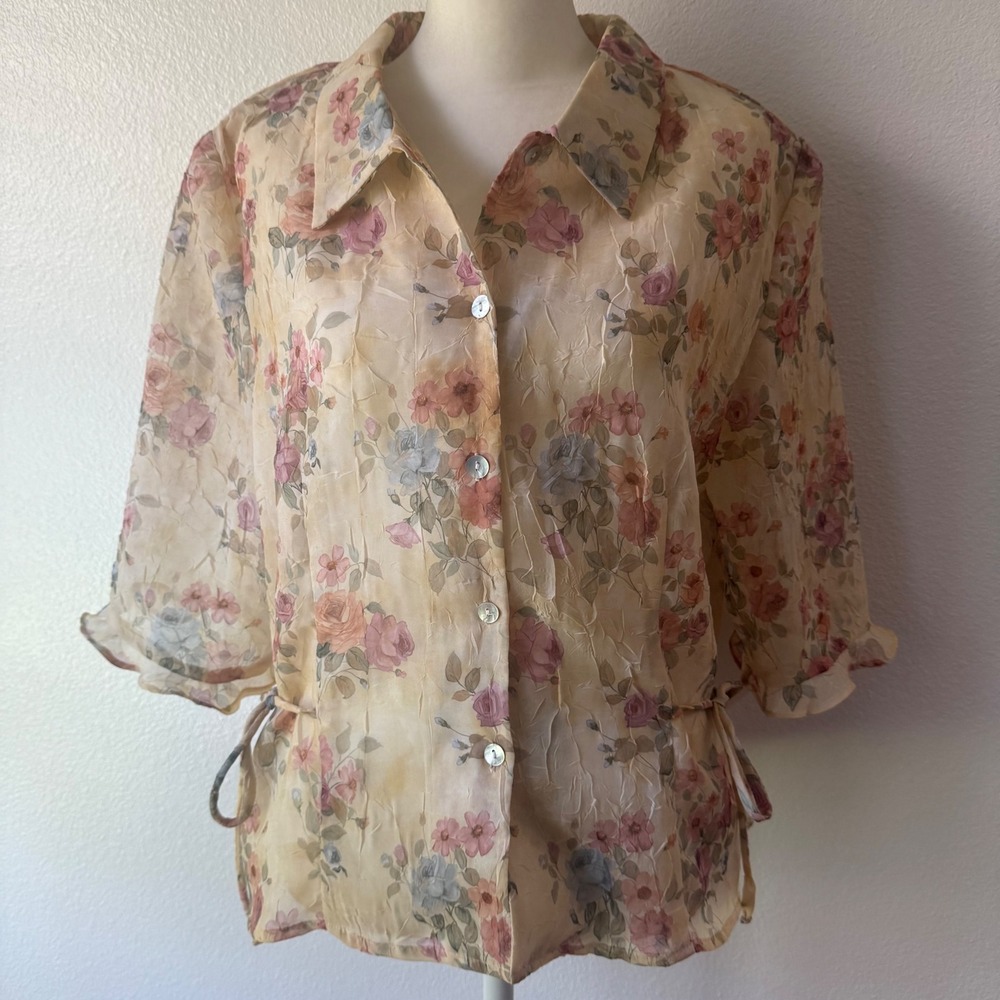 Floral Sheer Feminine Grandmacore Coquette Button Up Blouse Women 16 Yellow